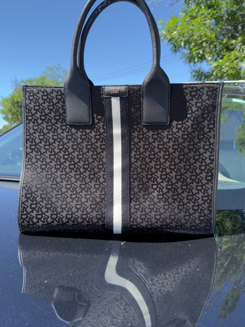 DKNY Black Carlita Tote with White Center Stripe | Monogram Chic bag